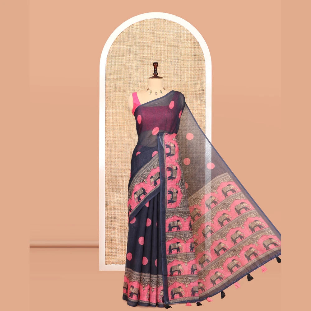 Pothys Black Linen Cotton Saree Features Polka Dots, a Contrast One-sided Elephant Motif Border, Elephant Motif Pallu, Contrast Blouse